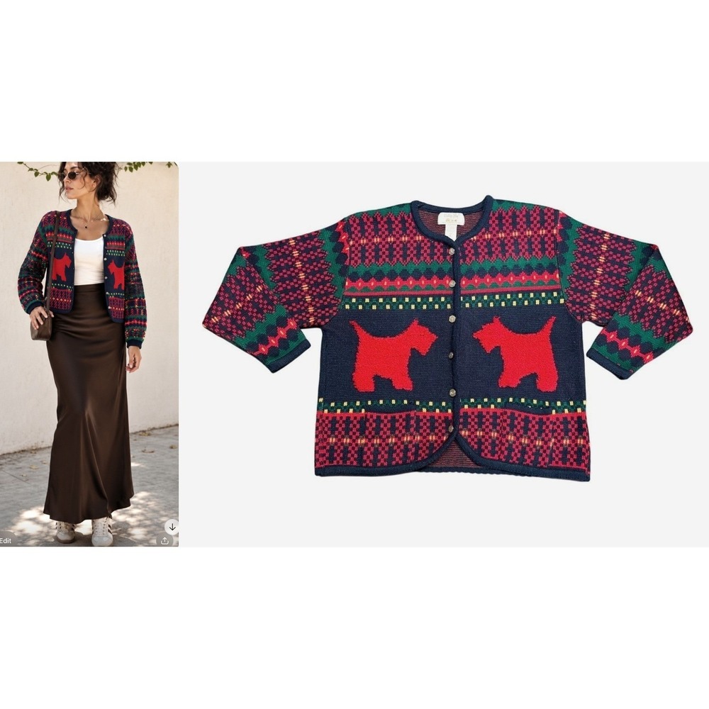 Tally-Ho Vintage Scottie Dog Fair Isle Cardigan Sweater Navy Red Large Holiday